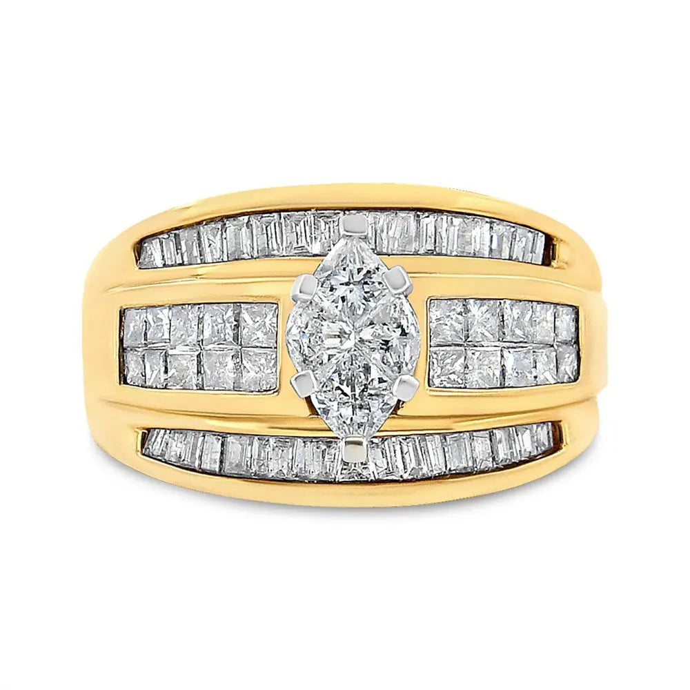 14K Yellow Gold 1 1/2 Cttw Pie, Princess and Baguette-cut Diamond Marquise Shaped Engagement Cocktail Ring Band (H-I Color, I1-I2 Clarity) - Bijoux-NYC Direct