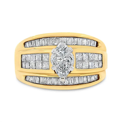 14K Yellow Gold 1 1/2 Cttw Pie, Princess and Baguette-cut Diamond Marquise Shaped Engagement Cocktail Ring Band (H-I Color, I1-I2 Clarity) - Bijoux-NYC Direct