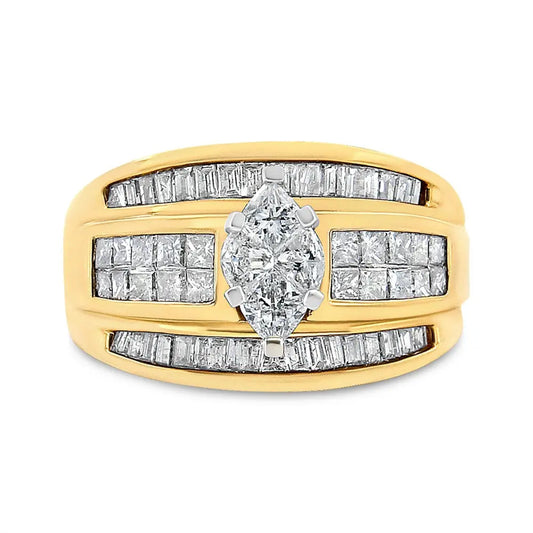 14K Yellow Gold 1 1/2 Cttw Pie, Princess and Baguette-cut Diamond Marquise Shaped Engagement Cocktail Ring Band (H-I Color, I1-I2 Clarity) - Bijoux-NYC Direct