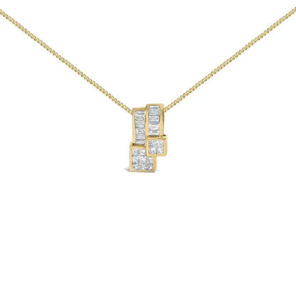 14K Yellow Gold 1 1/2 cttw Princess and Baguette Cut Diamond Geometric Pendant Necklace (H-I Color, VS1-VS2 Clarity) - Bijoux-NYC Direct