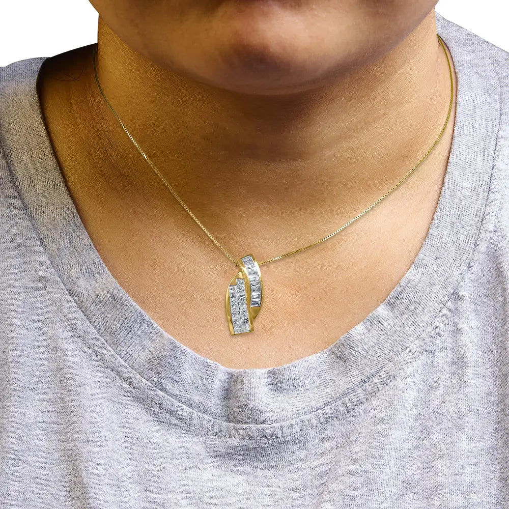 14k yellow gold 1 1/3 cttw princess and baguette diamond curved pendant bijoux-nyc direct
