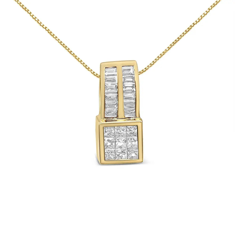 14K Yellow Gold 1 1/4 cttw Princess and Baguette Cut Geometric Inspired Diamond Pendant Necklace (H-I, VS1-VS2) - Bijoux-NYC Direct