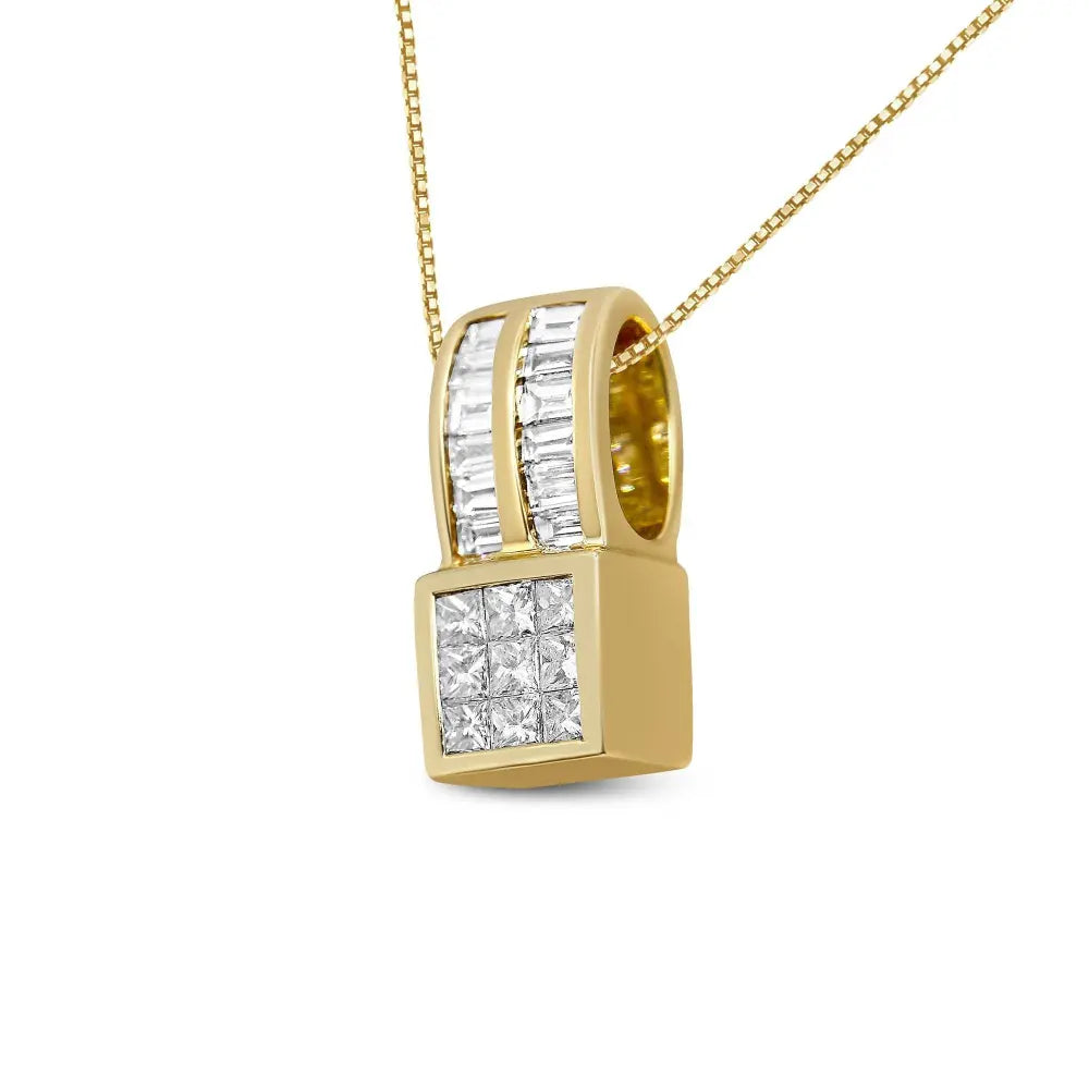 14K Yellow Gold 1 1/4 cttw Princess and Baguette Cut Geometric Inspired Diamond Pendant Necklace (H-I, VS1-VS2) - Bijoux-NYC Direct