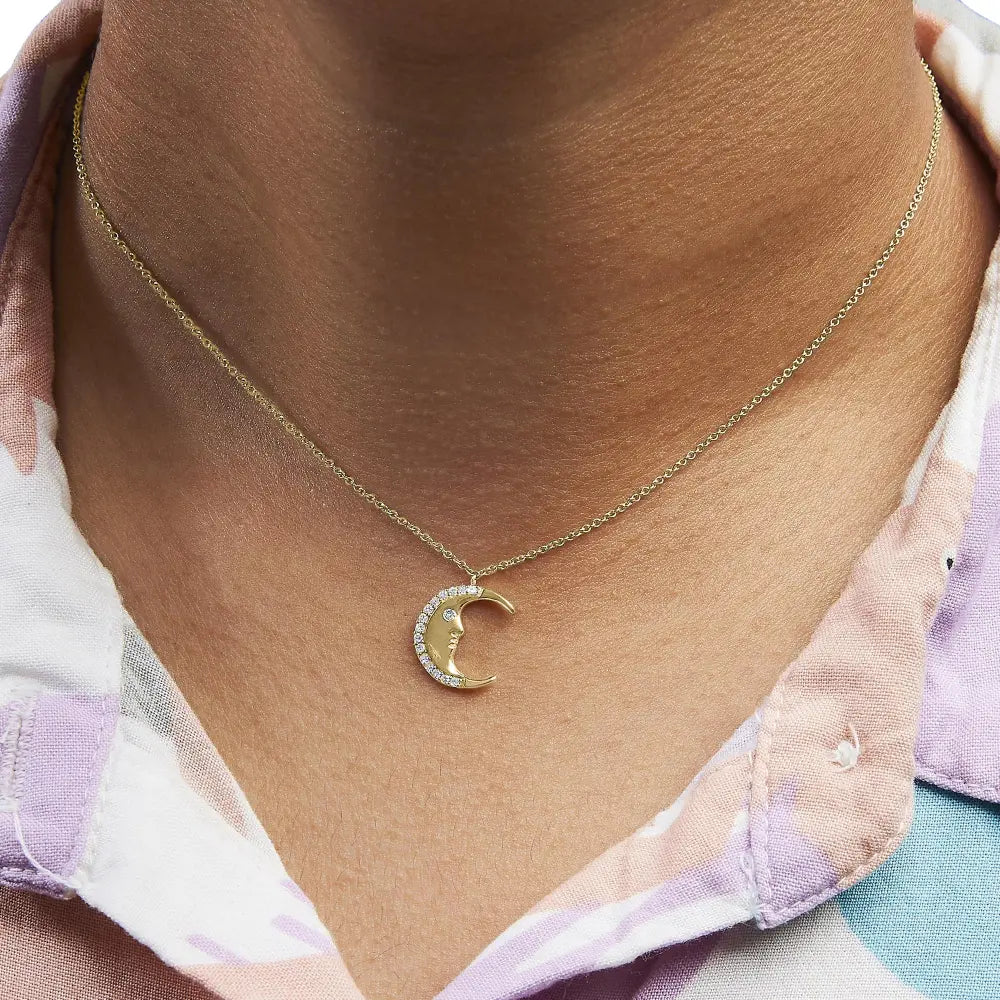 14k yellow gold 1/10 cttw diamond crescent man on the moon 18’’ pendant necklace (h i color si1 si2 clarity)