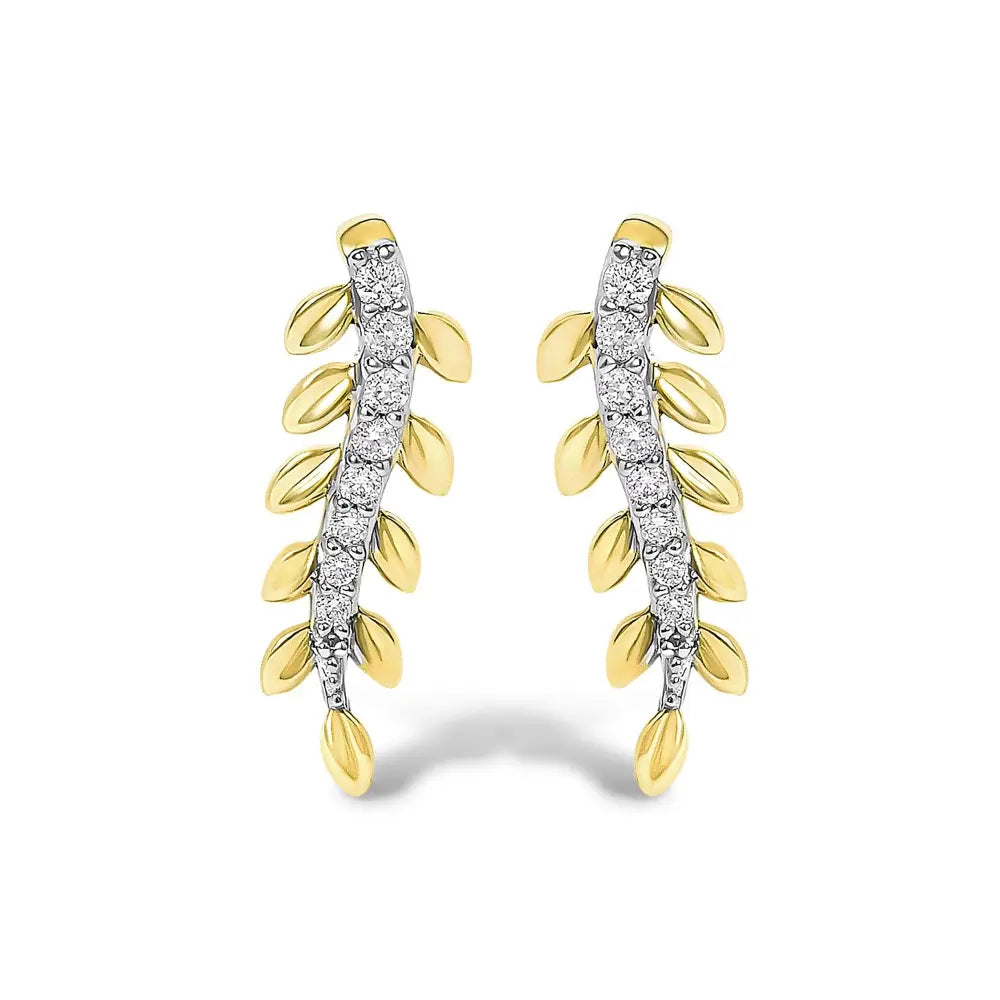 14k yellow gold 1/10 cttw diamond leaf drop stud earrings bijoux-nyc direct