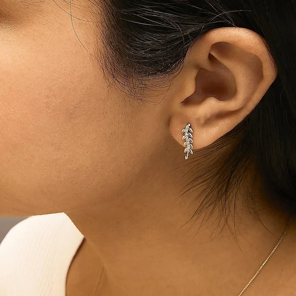 14k yellow gold 1/10 cttw diamond leaf drop stud earrings bijoux-nyc direct