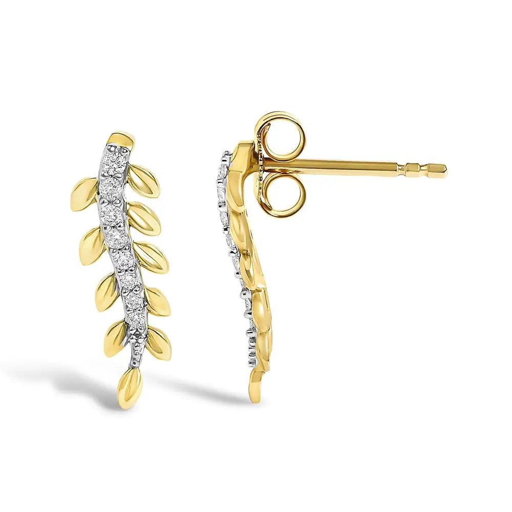 14k yellow gold 1/10 cttw diamond leaf drop stud earrings bijoux-nyc direct