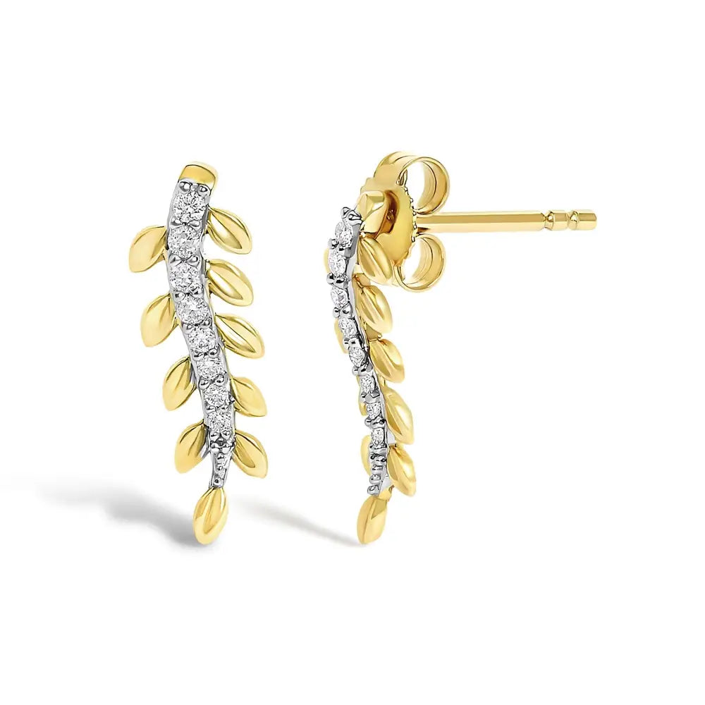 14k yellow gold 1/10 cttw diamond leaf drop stud earrings bijoux-nyc direct