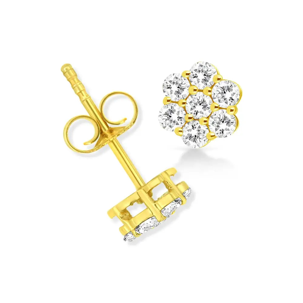 14k yellow gold 1/2 cttw round diamond floral cluster stud earrings bijoux-nyc direct