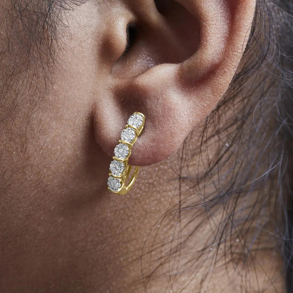 14k yellow gold 1/2 cttw diamond cluster 3/4 inch hoop earrings bijoux-nyc direct
