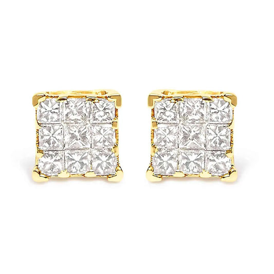 14K Yellow Gold 1/2 Cttw Invisible Set Princess-Cut Diamond 9 Stone Square Stud Earrings (J-K Color, SI2-I1 Clarity) - Bijoux-NYC Direct