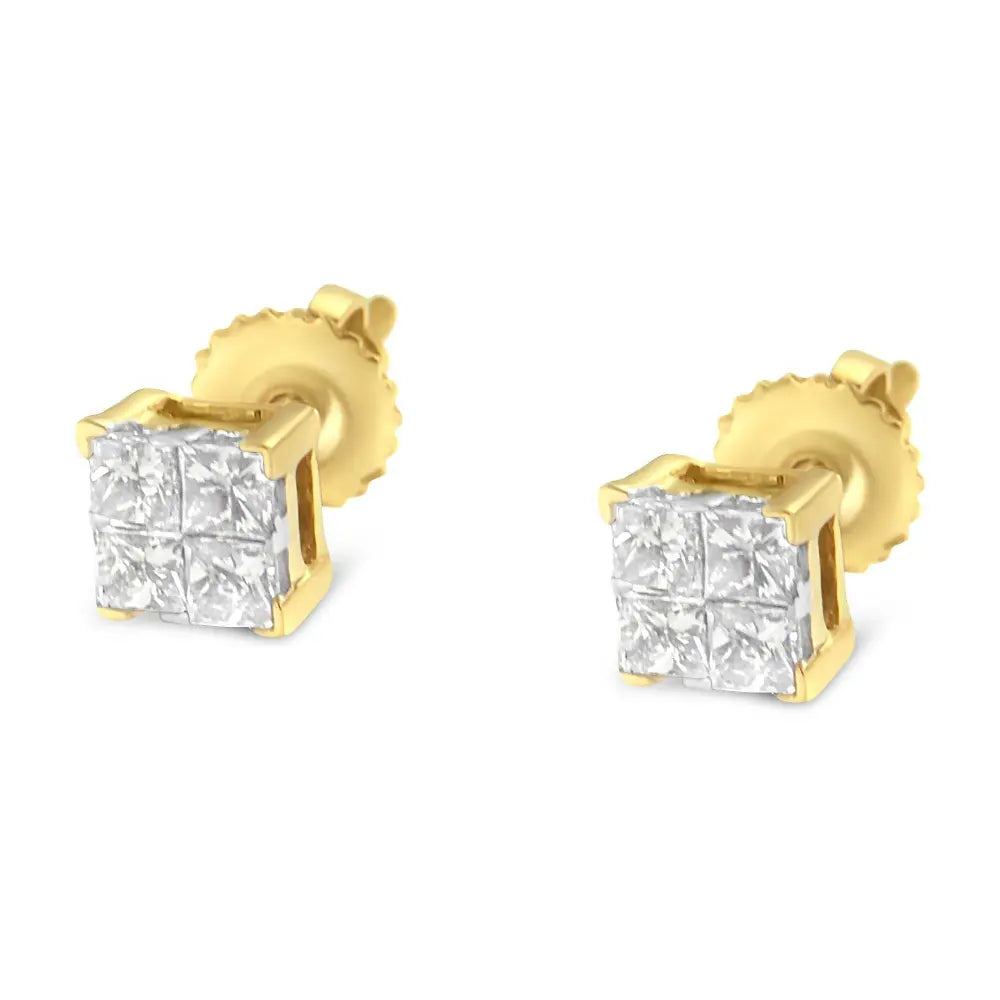 14K Yellow Gold 1/2 Cttw Invisible Set Princess Diamond Composite Square Stud Earring (K-L Color, SI1-SI2 Clarity) - Bijoux-NYC Direct