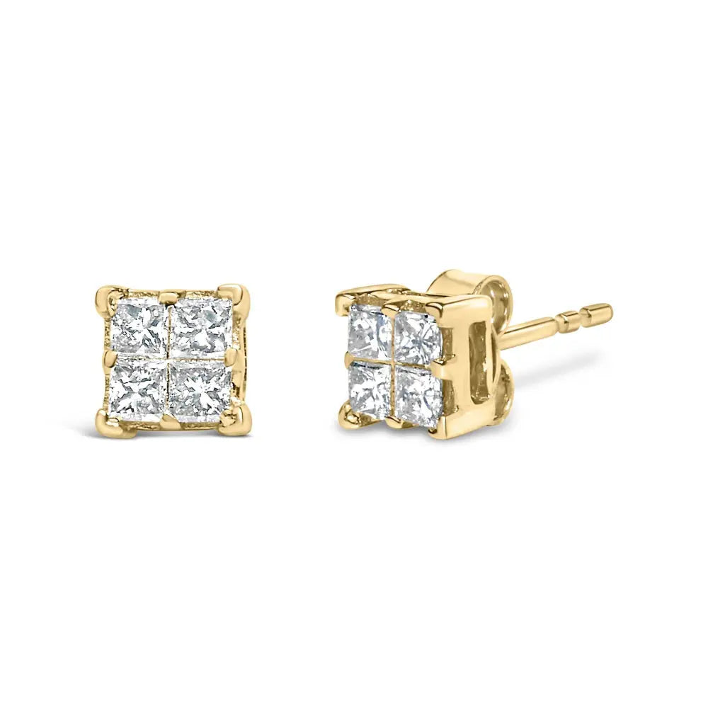 14K Yellow Gold 1/2 Cttw Invisible Set Princess Diamond Composite Square Stud Earring (K-L Color, SI1-SI2 Clarity) - Bijoux-NYC Direct
