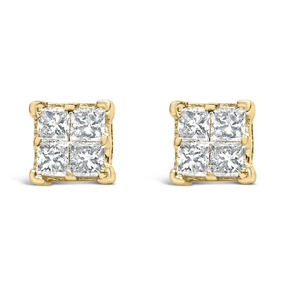 14K Yellow Gold 1/2 Cttw Invisible Set Princess Diamond Composite Square Stud Earring (K-L Color, SI1-SI2 Clarity) - Bijoux-NYC Direct