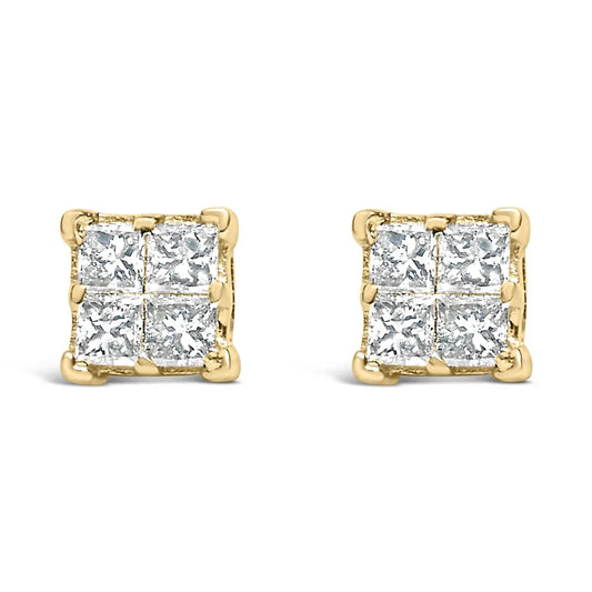 14K Yellow Gold 1/2 Cttw Invisible Set Princess Diamond Composite Square Stud Earring (K-L Color, SI1-SI2 Clarity) - Bijoux-NYC Direct