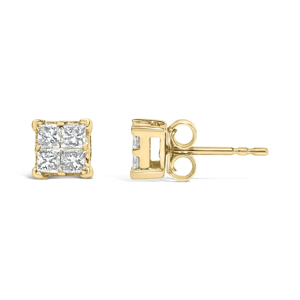 14K Yellow Gold 1/2 Cttw Invisible Set Princess Diamond Composite Square Stud Earring (K-L Color, SI1-SI2 Clarity) - Bijoux-NYC Direct