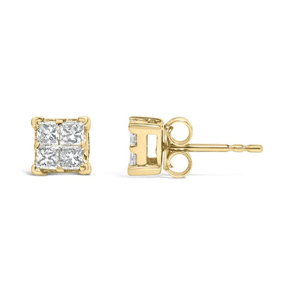 14K Yellow Gold 1/2 Cttw Invisible Set Princess Diamond Composite Square Stud Earring (K-L Color, SI1-SI2 Clarity) - Bijoux-NYC Direct