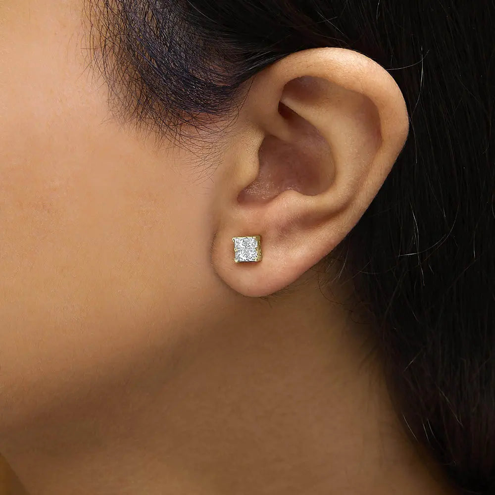 14K Yellow Gold 1/2 Cttw Invisible Set Princess Diamond Composite Square Stud Earring (K-L Color, SI1-SI2 Clarity) - Bijoux-NYC Direct