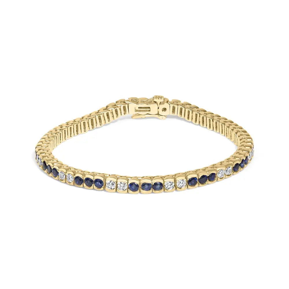 14k yellow gold 1 3/4 cttw diamond and 5.0 blue sapphire bezel set tennis bracelet (g h color si1 si2 clarity) 7’’ inches