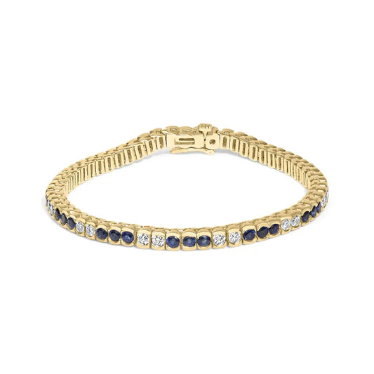 14k yellow gold 1 3/4 cttw diamond and 5.0 blue sapphire bezel set tennis bracelet (g h color si1 si2 clarity) 7’’ inches