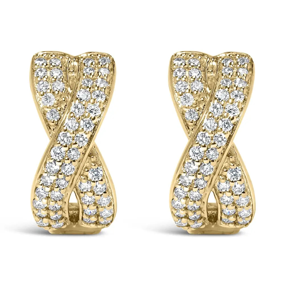 14k yellow gold 1/3 cttw diamond criss cross huggie hoop earrings bijoux-nyc direct