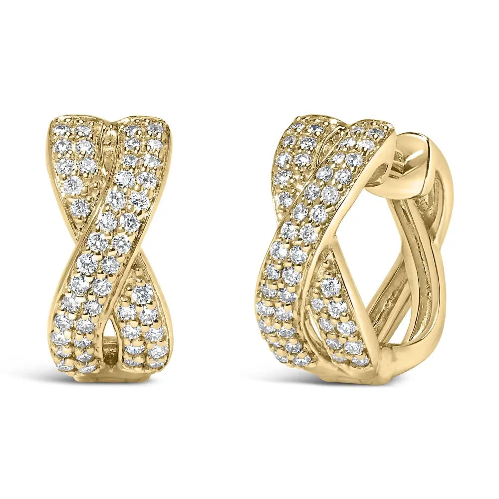 14k yellow gold 1/3 cttw diamond criss cross huggie hoop earrings bijoux-nyc direct