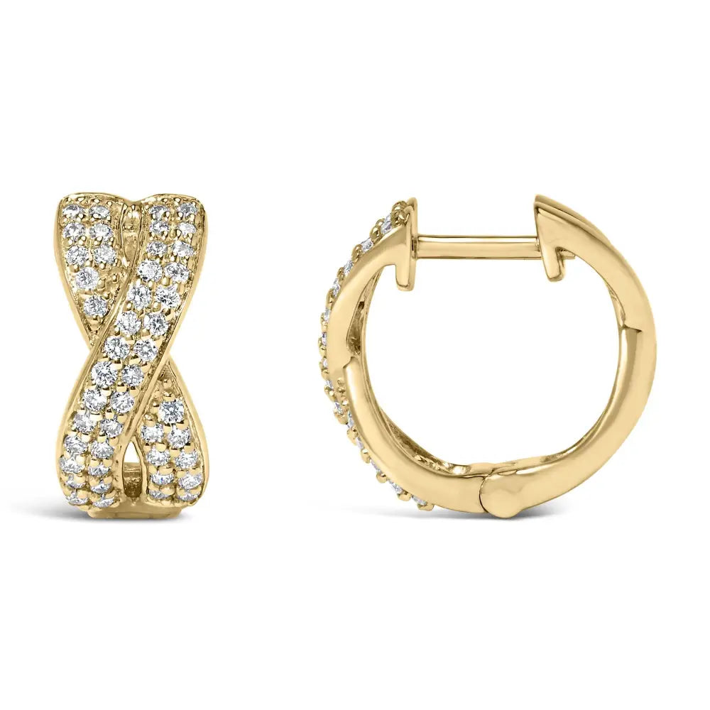 14k yellow gold 1/3 cttw diamond criss cross huggie hoop earrings bijoux-nyc direct
