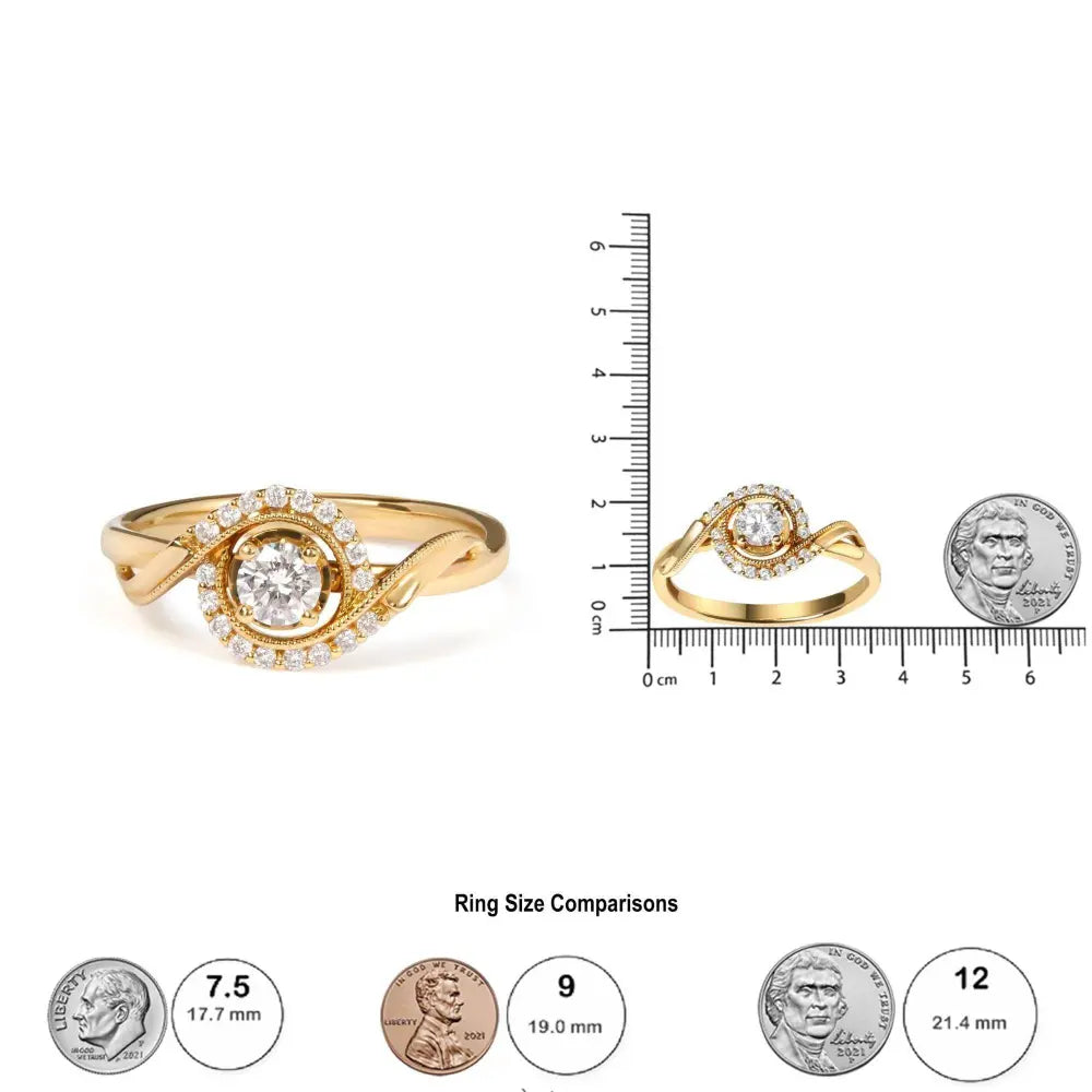 14K Yellow Gold 1/3 Cttw Diamond Solitaire and Halo Swirl Engagement Ring (G-H Color, VS2-SI1 Clarity)- Size 7 - Bijoux-NYC Direct