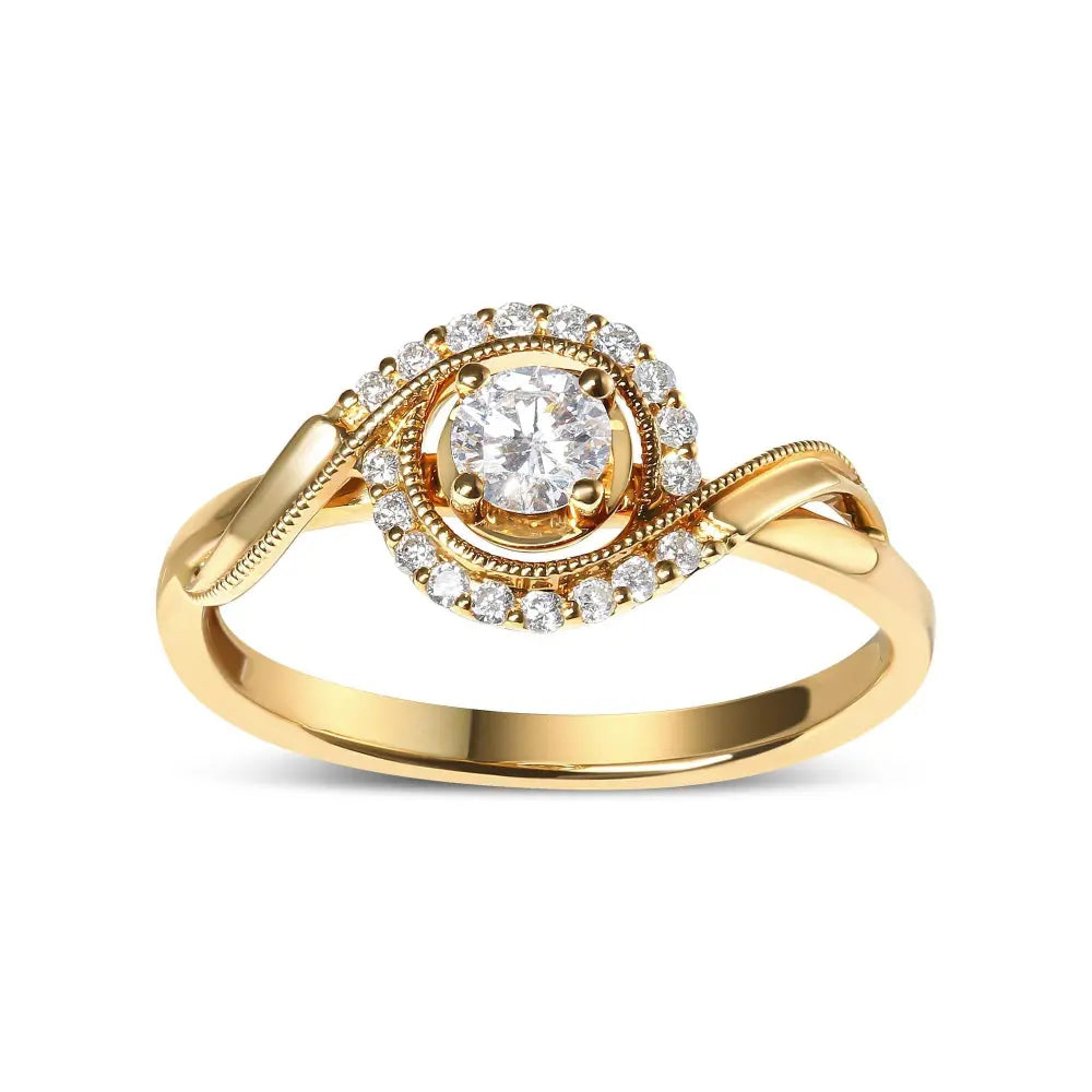 14K Yellow Gold 1/3 Cttw Diamond Solitaire and Halo Swirl Engagement Ring (G-H Color, VS2-SI1 Clarity)- Size 7 - Bijoux-NYC Direct