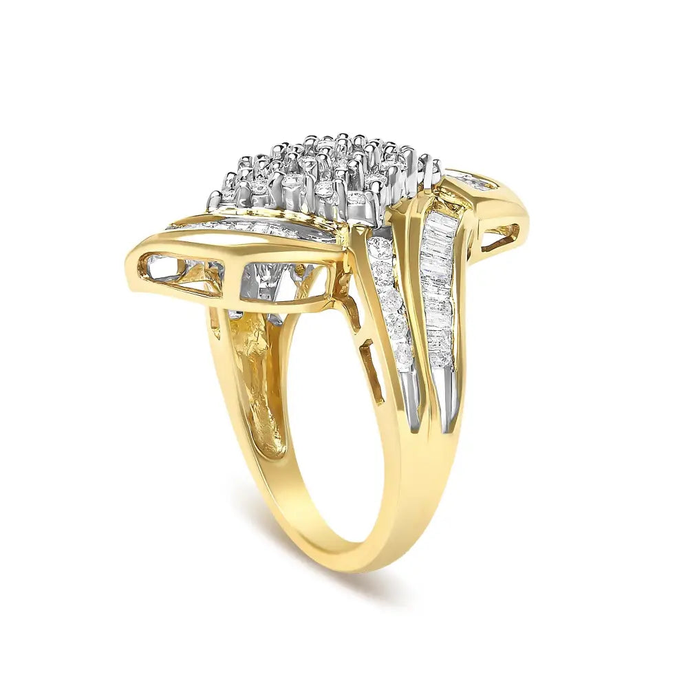 14k yellow gold 1.35 cttw round and baguette diamond bypass cocktail ring bijoux-nyc direct