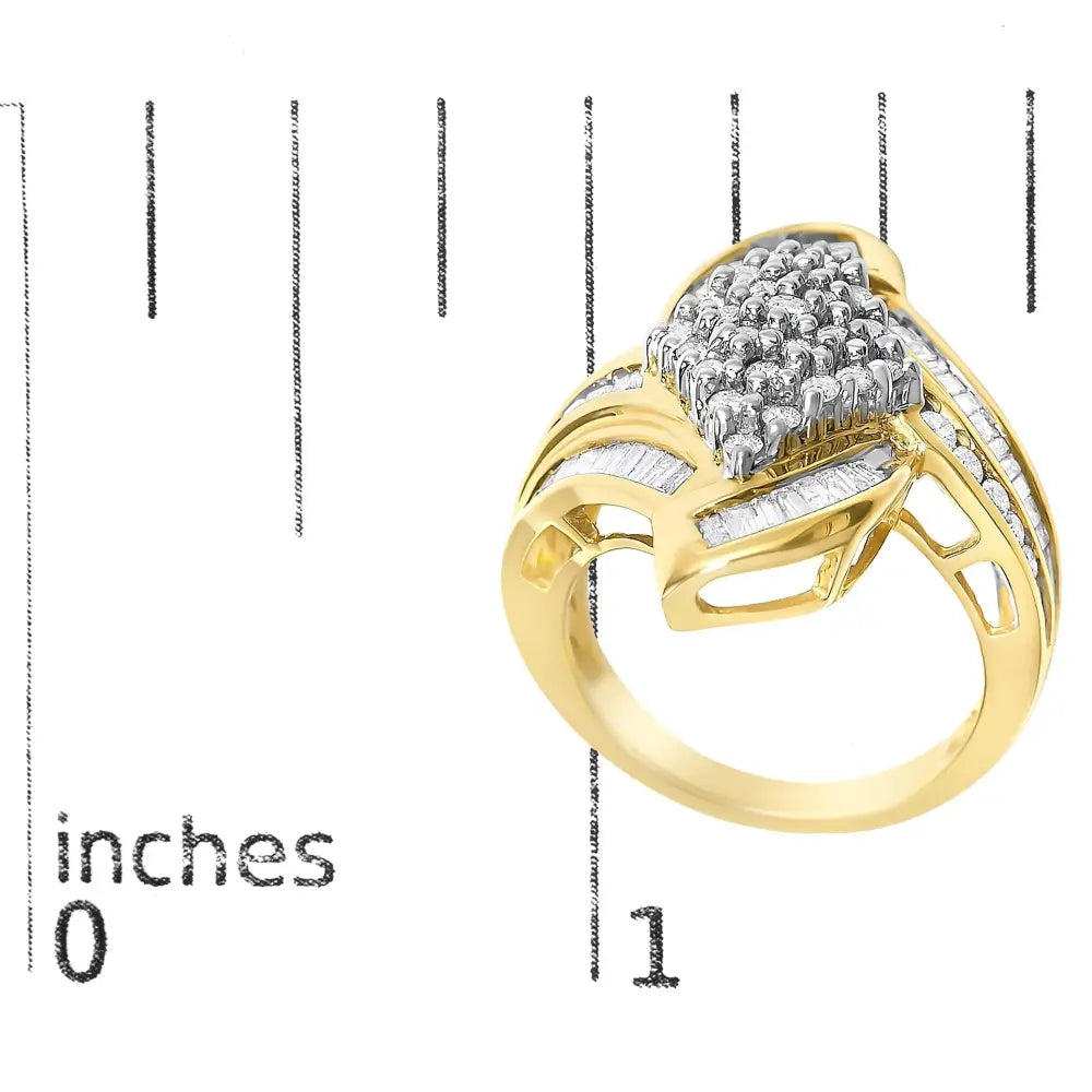 14k yellow gold 1.35 cttw round and baguette diamond bypass cocktail ring bijoux-nyc direct