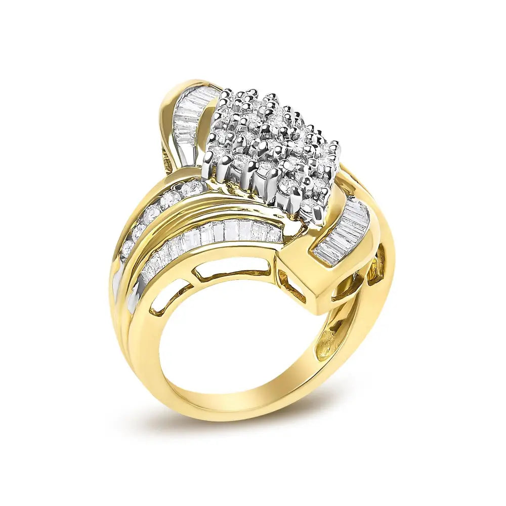 14k yellow gold 1.35 cttw round and baguette diamond bypass cocktail ring bijoux-nyc direct