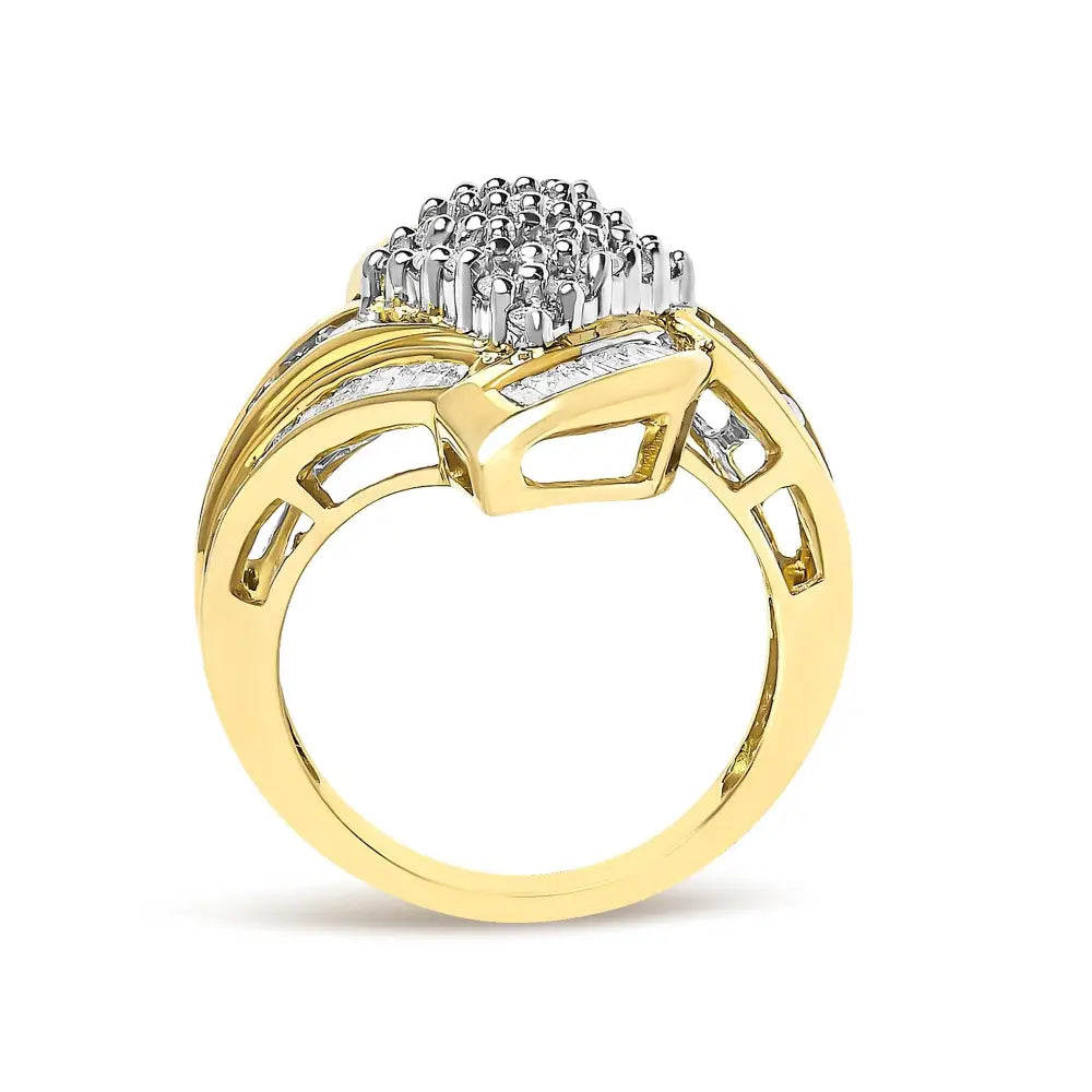 14k yellow gold 1.35 cttw round and baguette diamond bypass cocktail ring bijoux-nyc direct