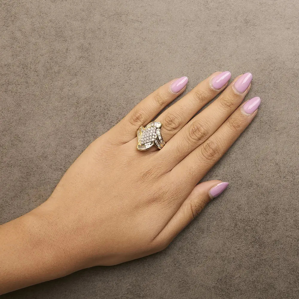 14k yellow gold 1.35 cttw round and baguette diamond bypass cocktail ring bijoux-nyc direct