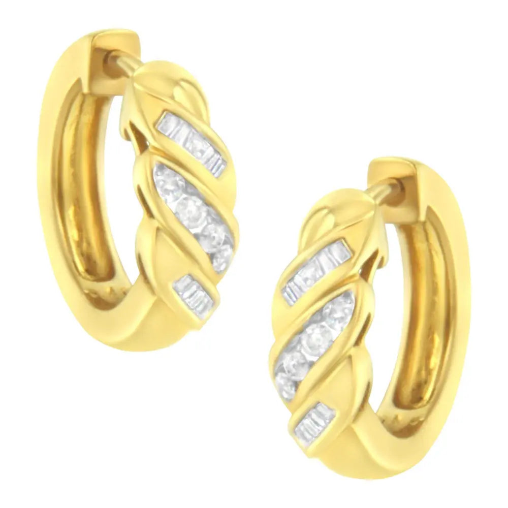 14K Yellow Gold 1/4 ct TDW Alternating 3 Row Baguette & Round Brilliant-Cut Diamond Huggy Hoop Earrings (H-I, I2-I3) - Bijoux-NYC Direct