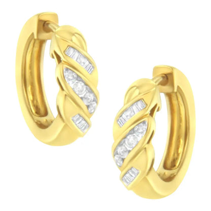 14K Yellow Gold 1/4 ct TDW Alternating 3 Row Baguette & Round Brilliant-Cut Diamond Huggy Hoop Earrings (H-I, I2-I3) - Bijoux-NYC Direct