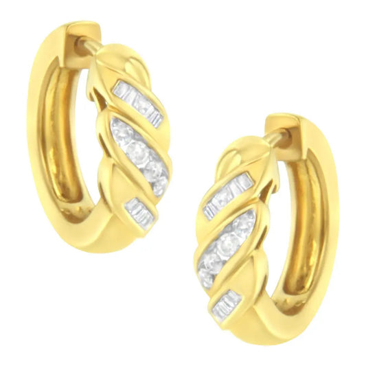 14K Yellow Gold 1/4 ct TDW Alternating 3 Row Baguette & Round Brilliant-Cut Diamond Huggy Hoop Earrings (H-I, I2-I3) - Bijoux-NYC Direct