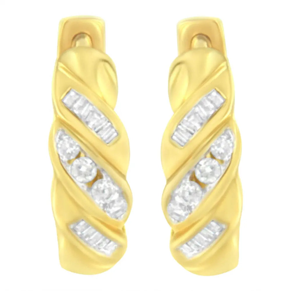 14K Yellow Gold 1/4 ct TDW Alternating 3 Row Baguette & Round Brilliant-Cut Diamond Huggy Hoop Earrings (H-I, I2-I3) - Bijoux-NYC Direct
