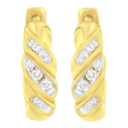14K Yellow Gold 1/4 ct TDW Alternating 3 Row Baguette & Round Brilliant-Cut Diamond Huggy Hoop Earrings (H-I, I2-I3) - Bijoux-NYC Direct