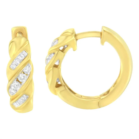 14K Yellow Gold 1/4 ct TDW Alternating 3 Row Baguette & Round Brilliant-Cut Diamond Huggy Hoop Earrings (H-I, I2-I3) - Bijoux-NYC Direct