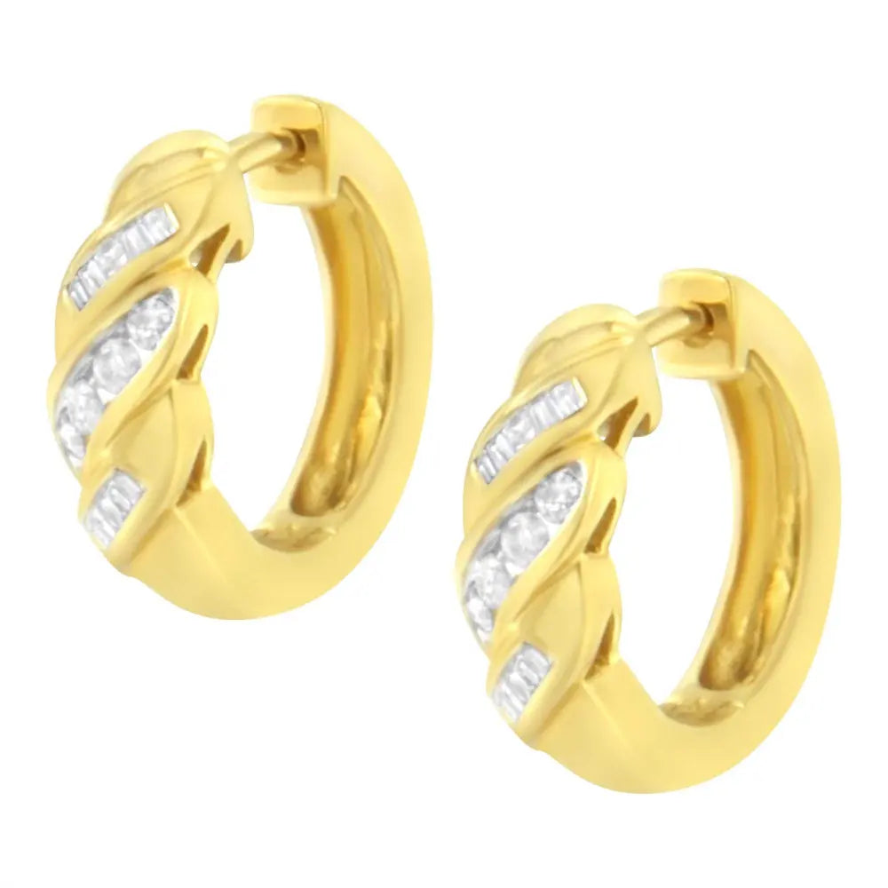 14K Yellow Gold 1/4 ct TDW Alternating 3 Row Baguette & Round Brilliant-Cut Diamond Huggy Hoop Earrings (H-I, I2-I3) - Bijoux-NYC Direct