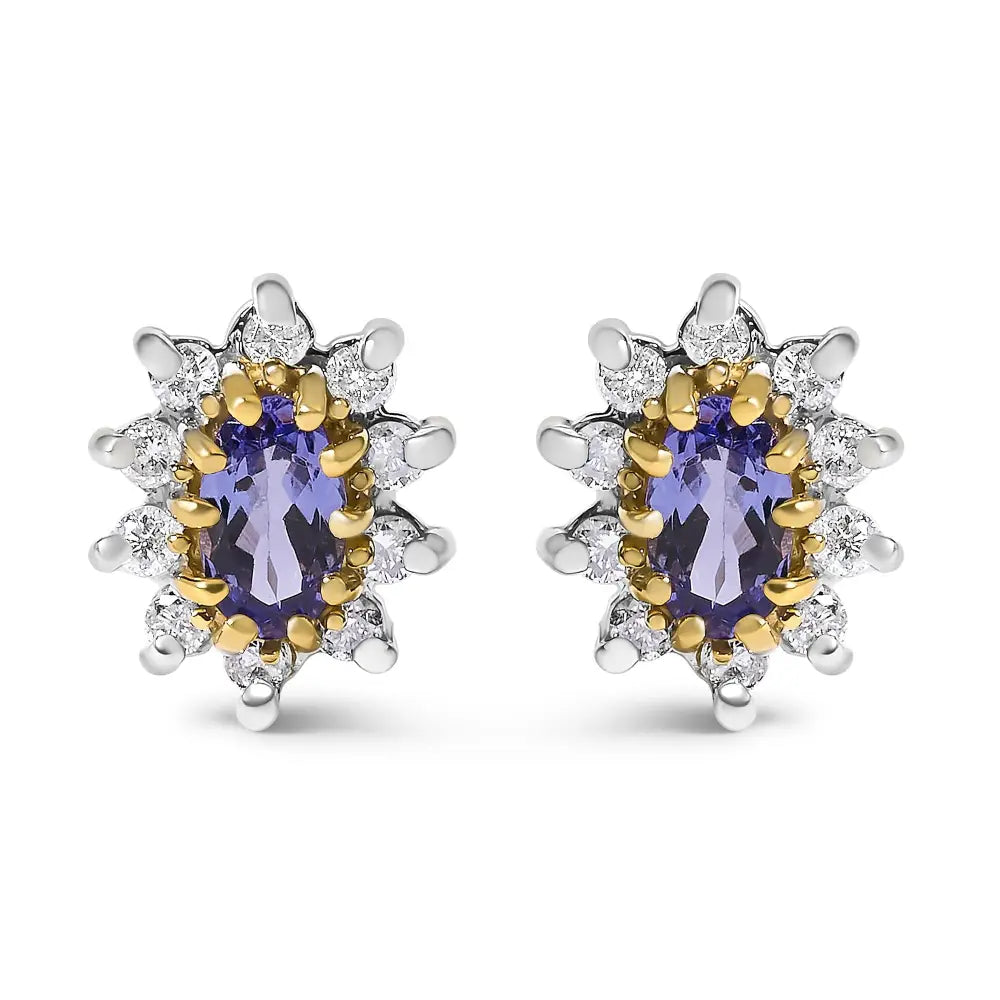 Oval tanzanite and diamond sunburst stud earrings in 14k yellow gold 1/4 cttw bijoux-nyc direct