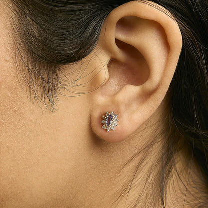 14K Yellow Gold 1/4 Cttw Diamond and Blue Purple Tanzanite Sunburst Halo Stud Earrings (K-L Color, I1-I2 Clarity) - Bijoux-NYC Direct