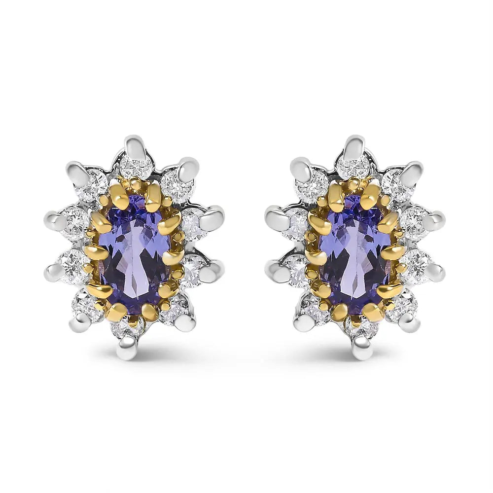 14K Yellow Gold 1/4 Cttw Diamond and Blue Purple Tanzanite Sunburst Halo Stud Earrings (K-L Color, I1-I2 Clarity) - Bijoux-NYC Direct