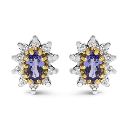 14K Yellow Gold 1/4 Cttw Diamond and Blue Purple Tanzanite Sunburst Halo Stud Earrings (K-L Color, I1-I2 Clarity) - Bijoux-NYC Direct