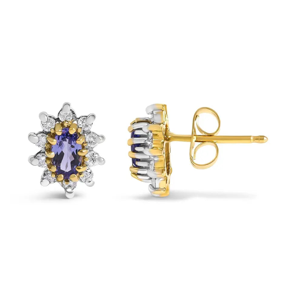 14K Yellow Gold 1/4 Cttw Diamond and Blue Purple Tanzanite Sunburst Halo Stud Earrings (K-L Color, I1-I2 Clarity) - Bijoux-NYC Direct