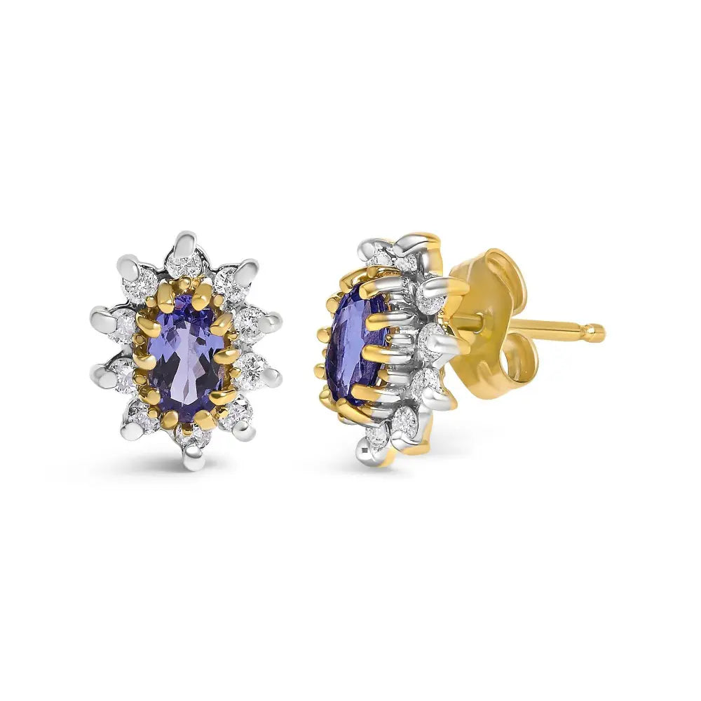 14K Yellow Gold 1/4 Cttw Diamond and Blue Purple Tanzanite Sunburst Halo Stud Earrings (K-L Color, I1-I2 Clarity) - Bijoux-NYC Direct