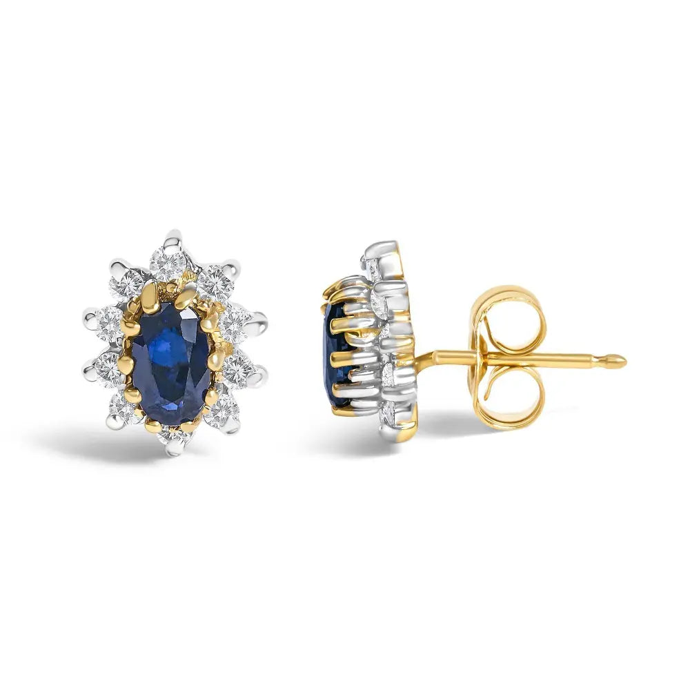14K Yellow Gold 1/4 Cttw Diamond and Blue Sapphire Sunburst Halo Stud Earrings (K-L Color, I1-I2 Clarity) - Bijoux-NYC Direct
