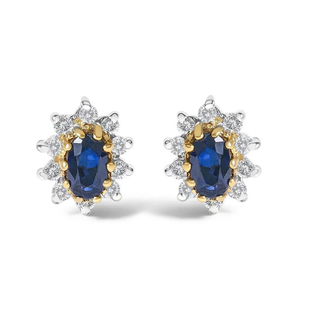14K Yellow Gold 1/4 Cttw Diamond and Blue Sapphire Sunburst Halo Stud Earrings (K-L Color, I1-I2 Clarity) - Bijoux-NYC Direct