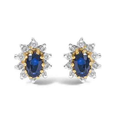 14K Yellow Gold 1/4 Cttw Diamond and Blue Sapphire Sunburst Halo Stud Earrings (K-L Color, I1-I2 Clarity) - Bijoux-NYC Direct